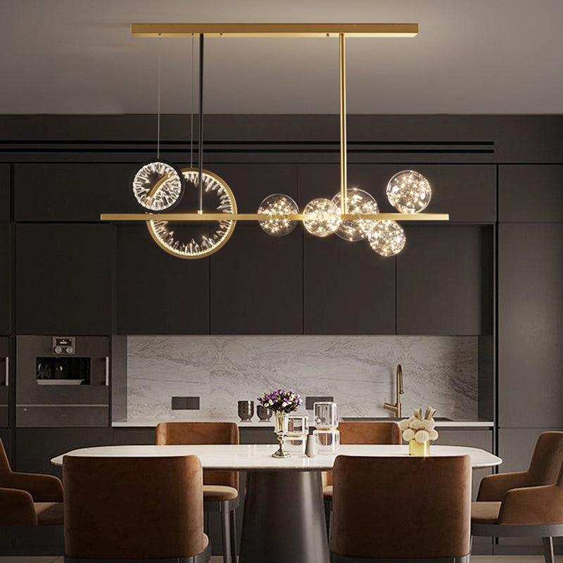 Glass Spherical Island Light Modern Gold LED Hanging Light with Crystal Accents