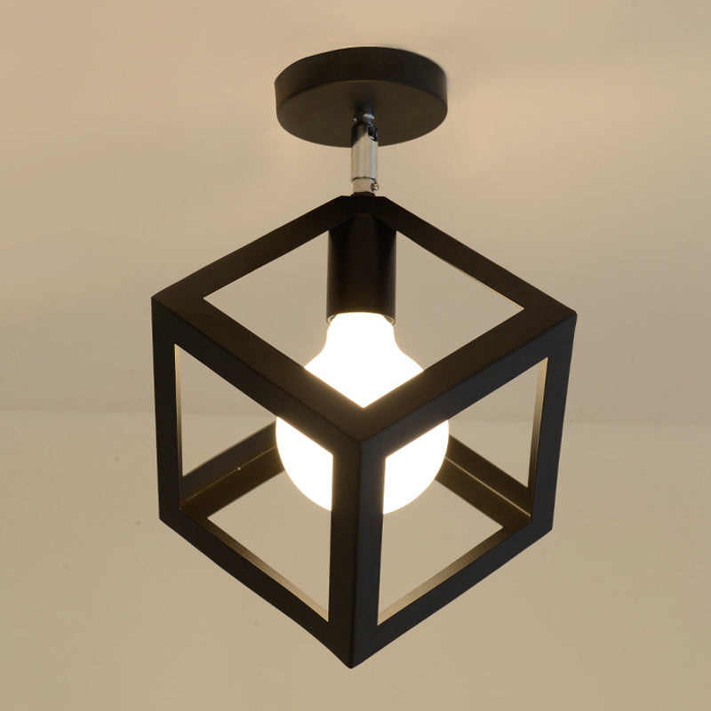 Industrial Flush Light Fixtures Geometric Iron 1 Light Flush Mount Lamps in Black