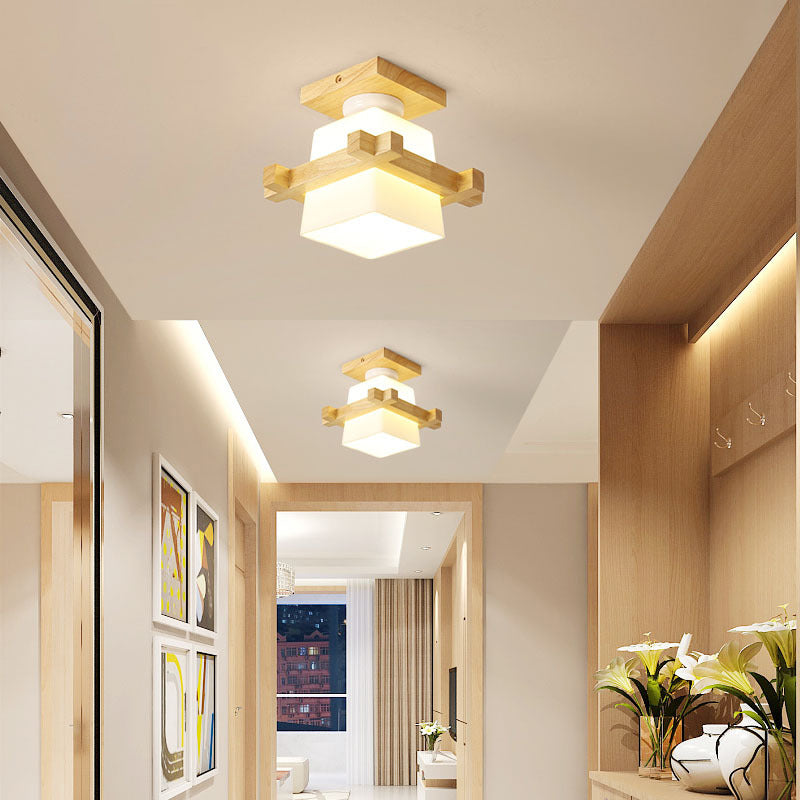 Single Beige Finish Flush Mount Lighting Nodic Wooden Shaded Ceiling Light