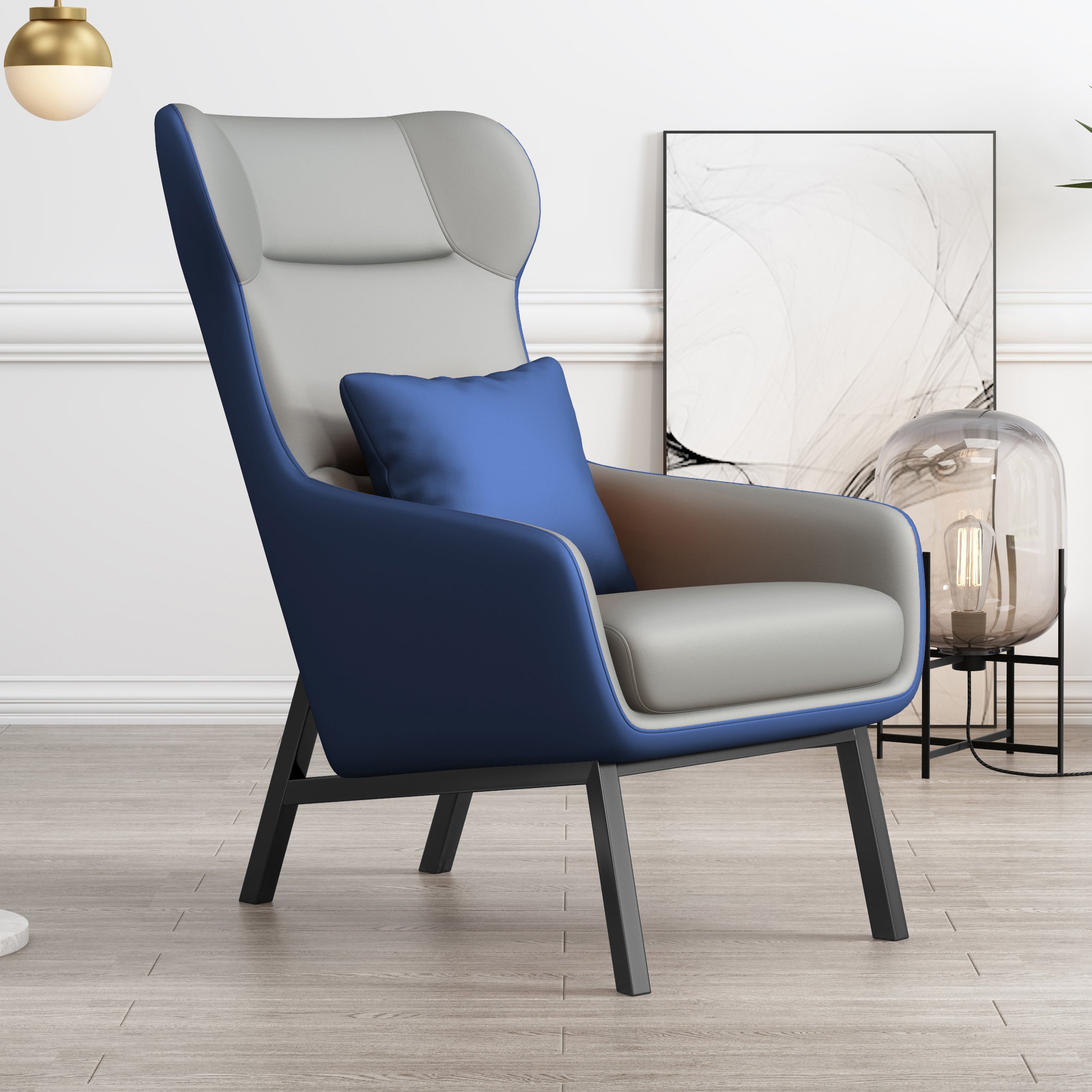 25.6"W Faux Leather Accent Chair Sloped Arms Pillow Back Wingback Chair