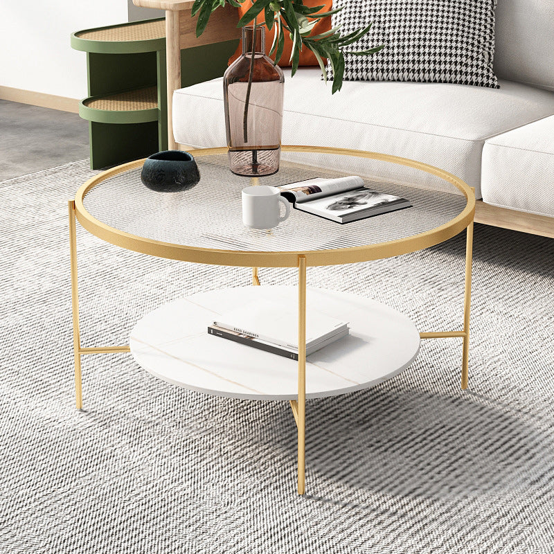 Modern Style Round Glass Table Plate Metal 4 Legs Base with Storage Rack Coffee Table