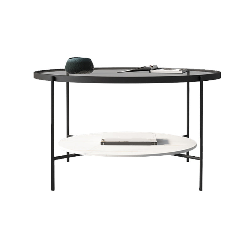 Modern Style Round Glass Table Plate Metal 4 Legs Base with Storage Rack Coffee Table