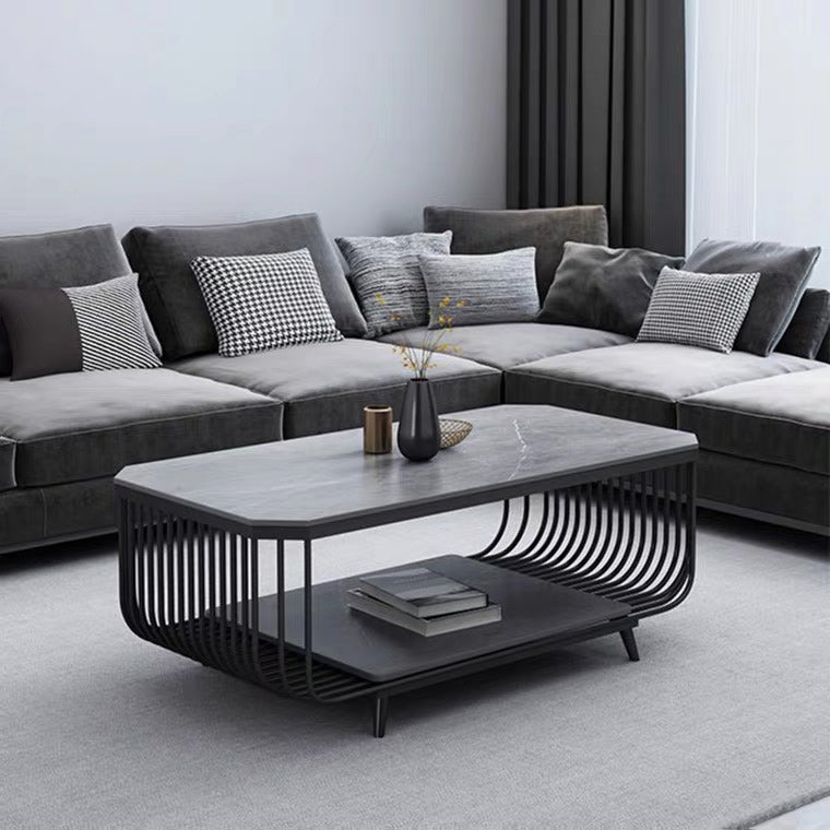17.7" H Glam Rectangle Slate Coffee Table Iron 4 Legs Cocktail Table with Shelf