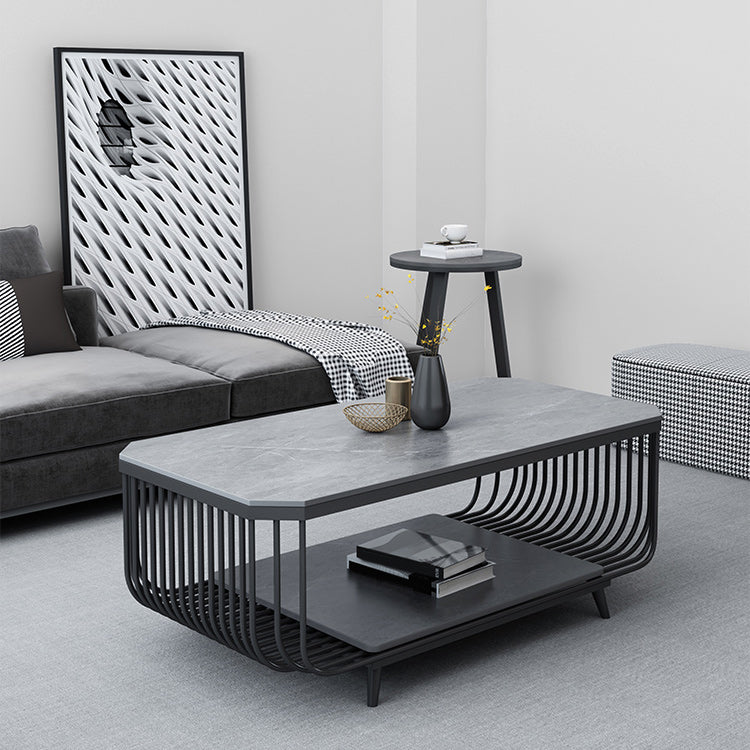 17.7" H Glam Rectangle Slate Coffee Table Iron 4 Legs Cocktail Table with Shelf
