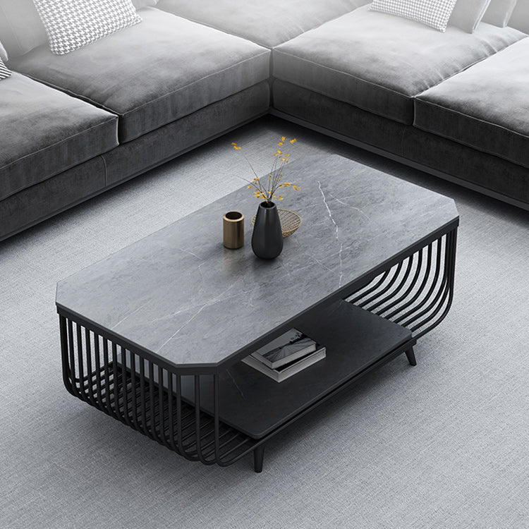 17.7" H Glam Rectangle Slate Coffee Table Iron 4 Legs Cocktail Table with Shelf