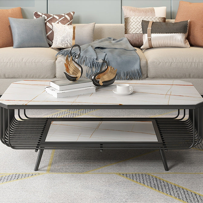 17.7" H Glam Rectangle Slate Coffee Table Iron 4 Legs Cocktail Table with Shelf