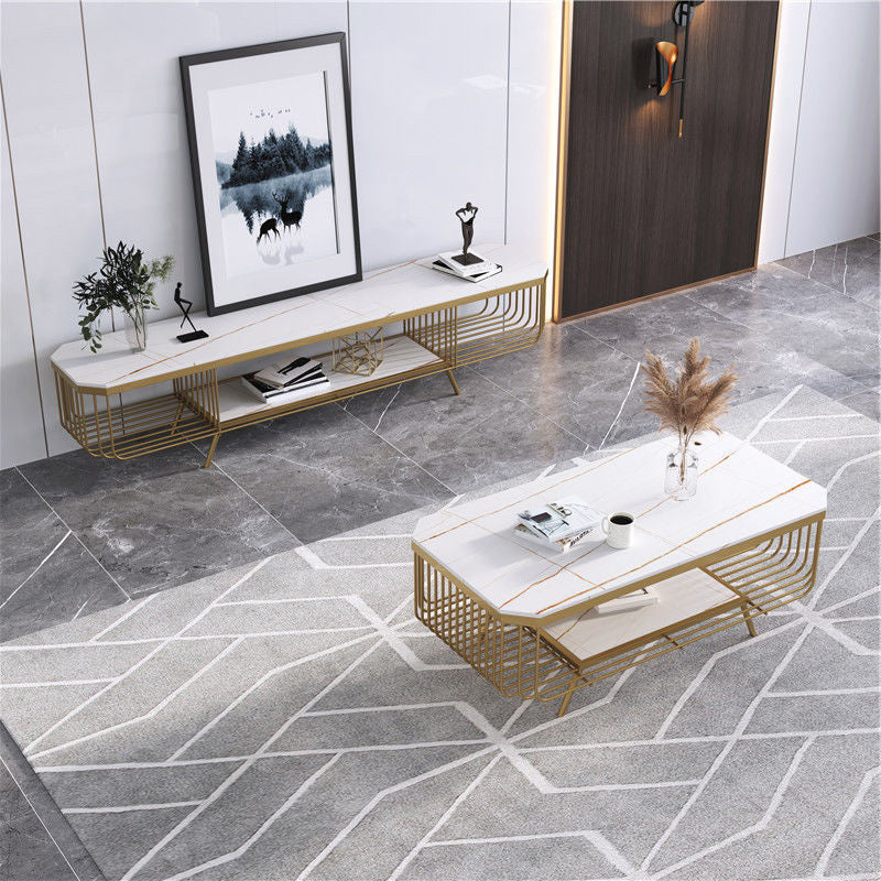 17.7" H Glam Rectangle Slate Coffee Table Iron 4 Legs Cocktail Table with Shelf