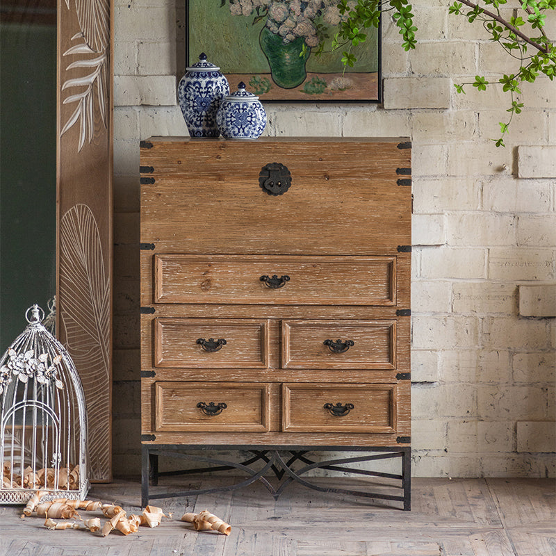 Mid-century Modern Wooden Rectangle Iron Legs Accent Cabinet with Drawer