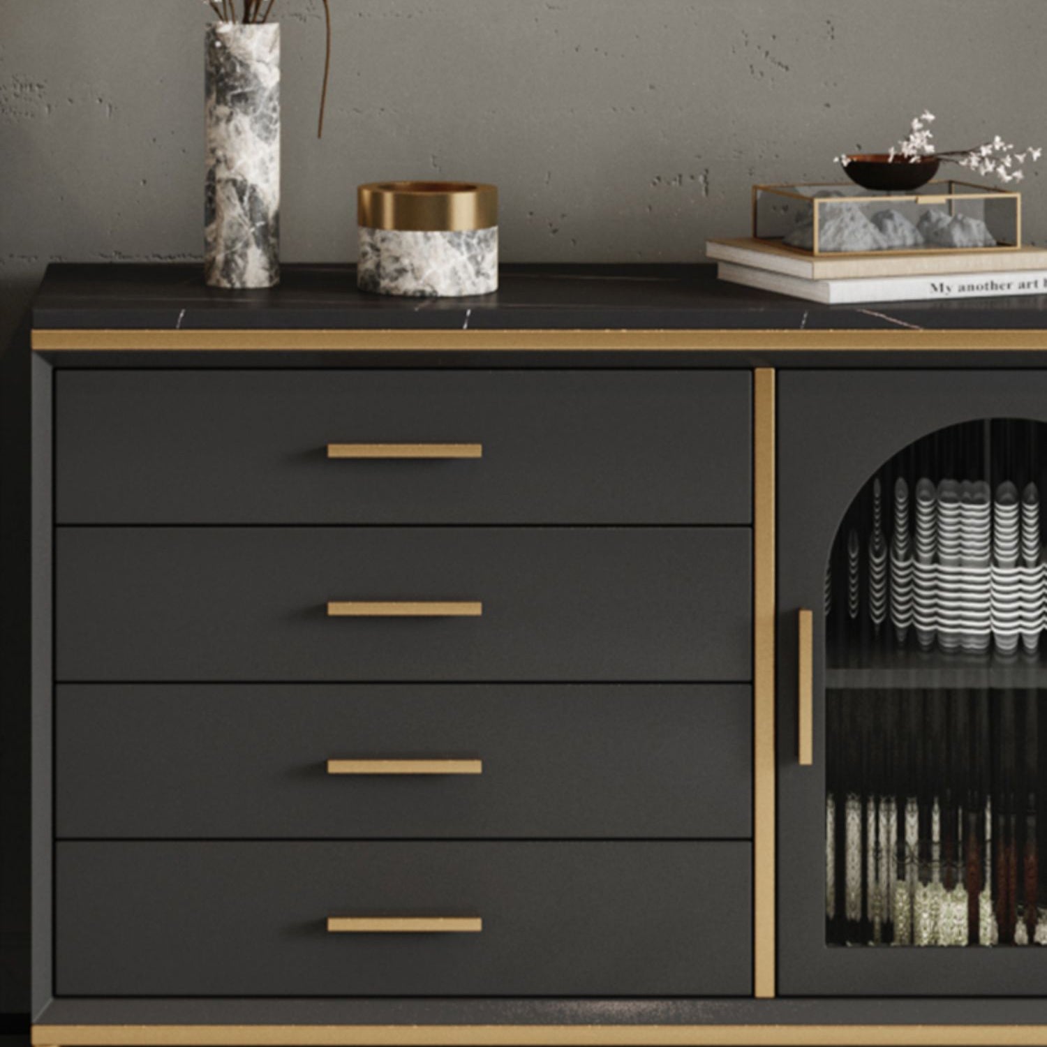 Glam Style Cupboard Artificial Wood Frame and Glass Door Kitchen Sideboard for Dining Room