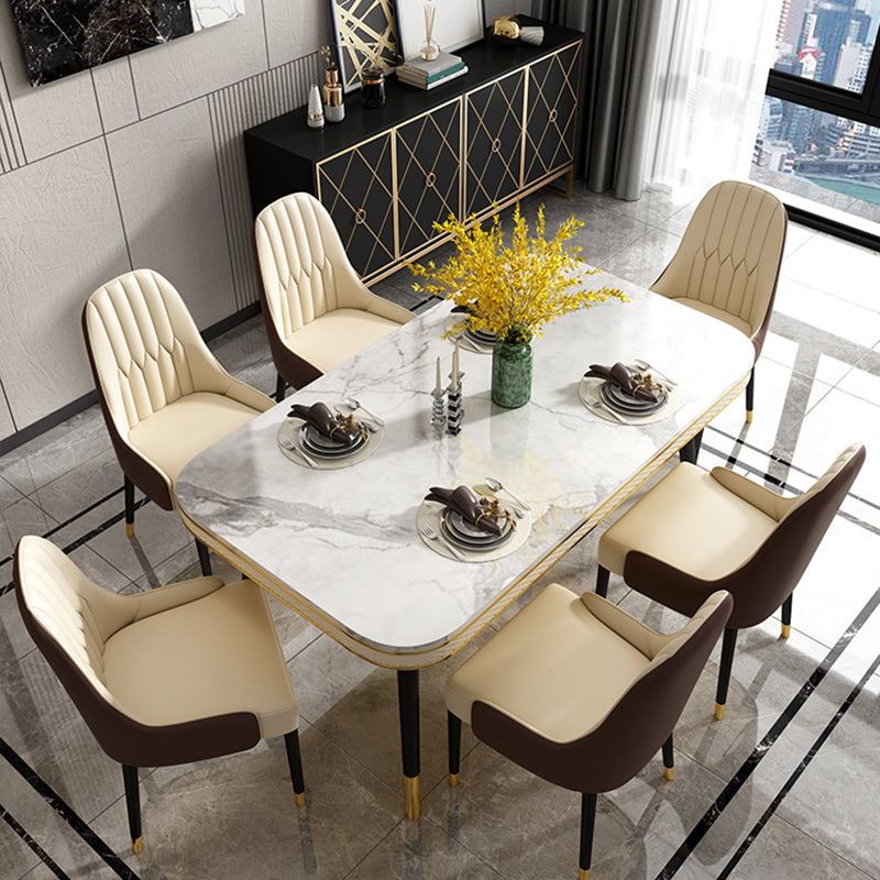 White Stone Rectangle Top Table Traditional Luxury Metal Base Dining Table