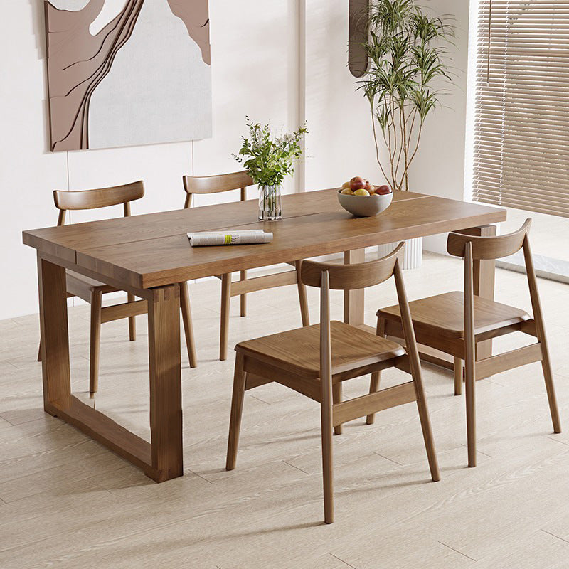 Brown Solid Wood Dining Table Modern Rectangular Furniture with Double Pedestal Base