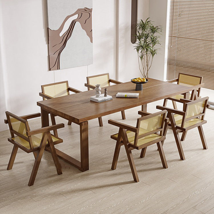 Brown Solid Wood Dining Table Modern Rectangular Furniture with Double Pedestal Base