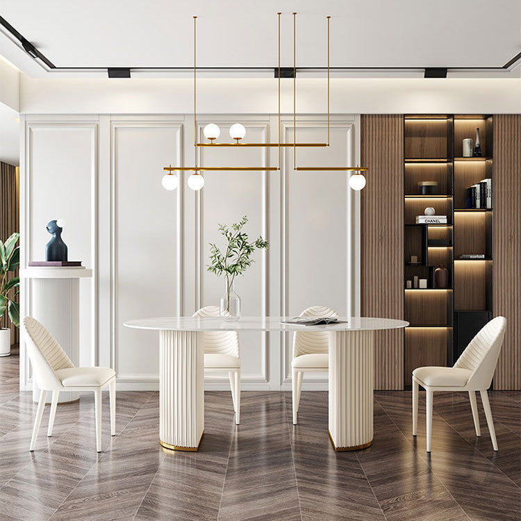 Glam Style Double Pedestal Table Stone Oval Dining Room Furniture