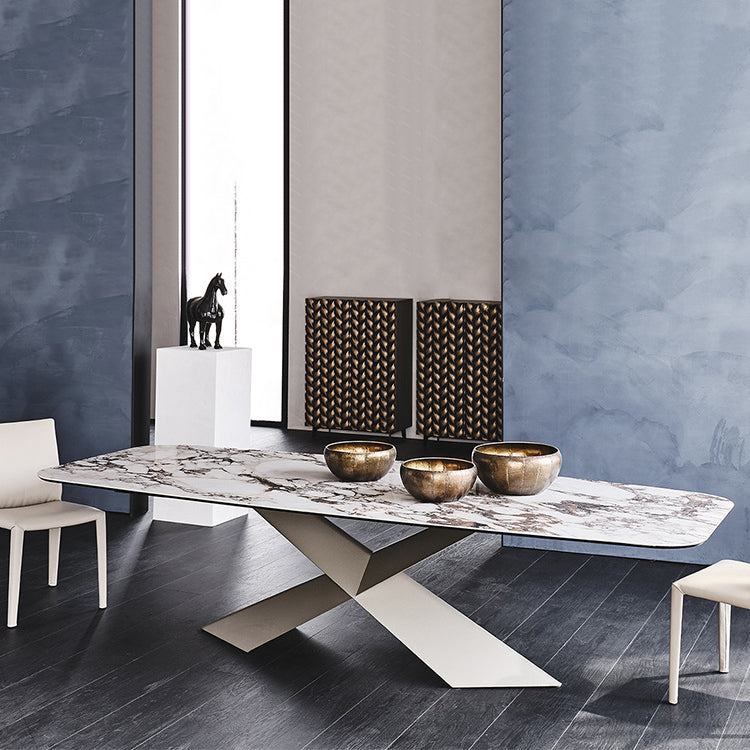 Modern Gray Stone Top Table Metal Base Rectangle Dining Table for Kitchen