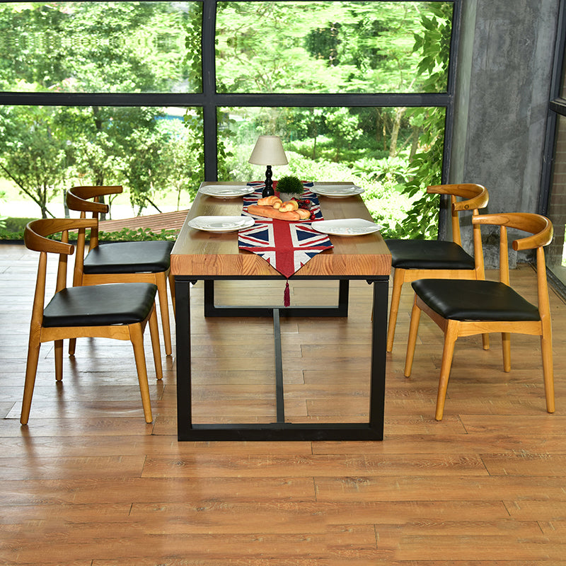 Pine Wood Top Dining Table Rectangle Black Iron Trestle Base Home Table