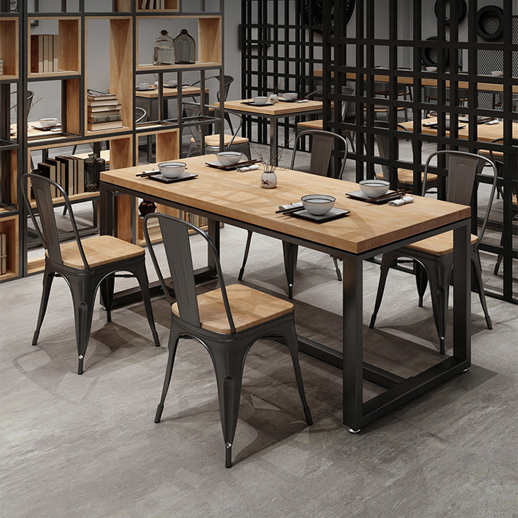 Natural Industrial Rectangle Dining Table Solid Wood Top Black Trestle Base Table