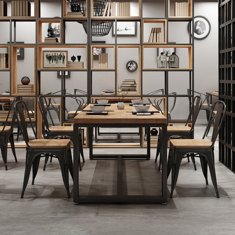 Natural Industrial Rectangle Dining Table Solid Wood Top Black Trestle Base Table