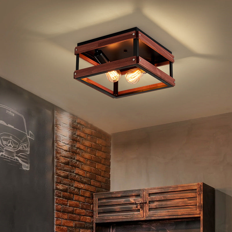 Metal Square Flush Mount Lamp Industrial Style 2 Lights Flush Ceiling Lights