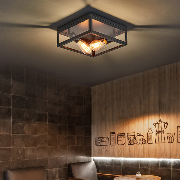 Metal Square Flush Mount Lamp Industrial Style 2 Lights Flush Ceiling Lights