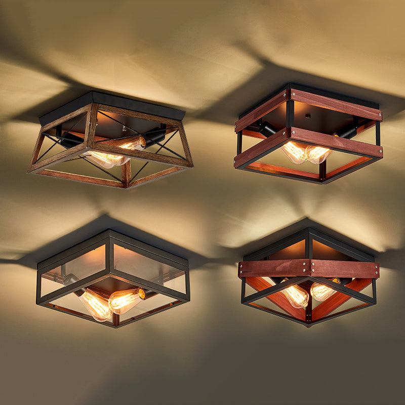 Metal Square Flush Mount Lamp Industrial Style 2 Lights Flush Ceiling Lights