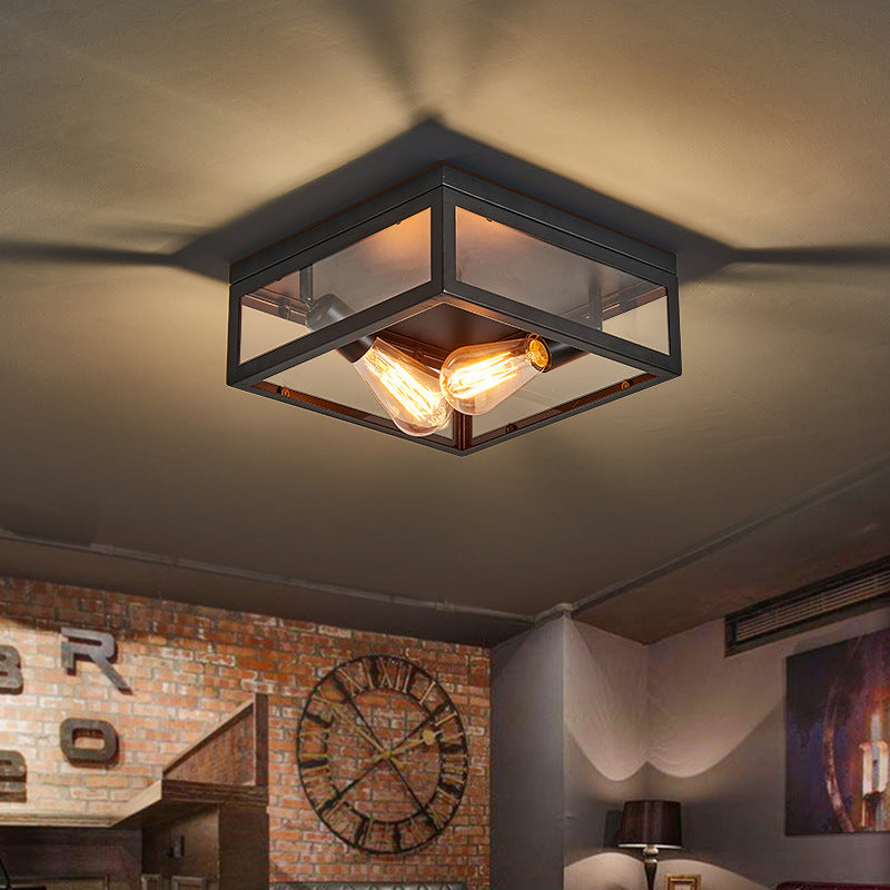 Metal Square Flush Mount Lamp Industrial Style 2 Lights Flush Ceiling Lights