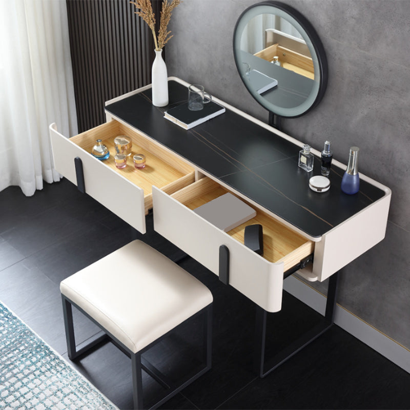 Contemporary Stone Top Vanity Desk 2-Drawer Dressing Table with Stool