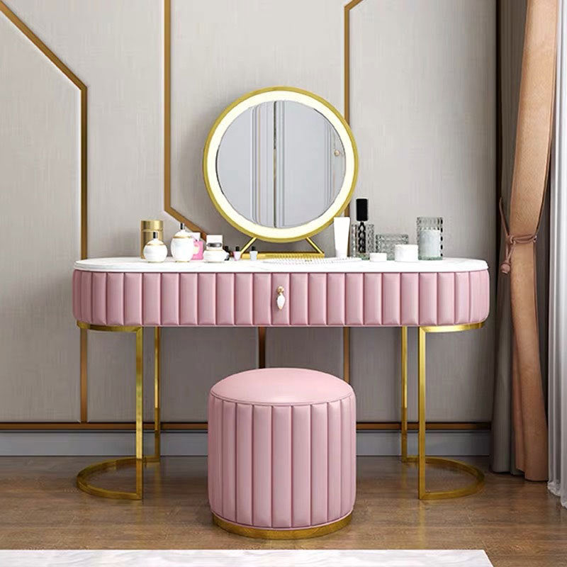 1-Drawer Makeup Vanity Table with Mirror & Stool Luxurious Stone/Leather Dresser