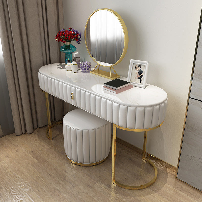 1-Drawer Makeup Vanity Table with Mirror & Stool Luxurious Stone/Leather Dresser