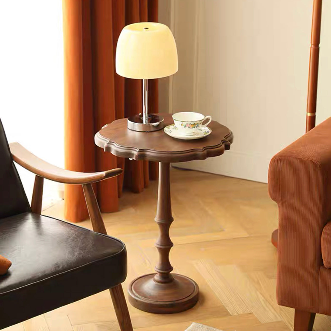 Round Old Solid Wood Table with Pedestal Base Base French Country Style Side Table