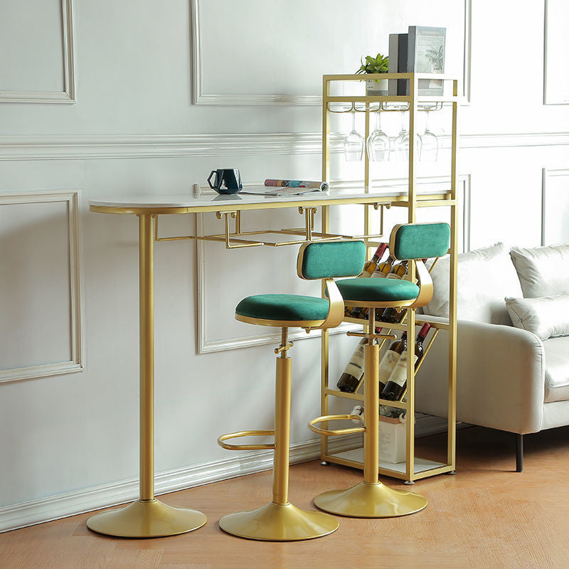 Specialty Marble Top Bar Table Glossy White Glam Pub Table with Wine Storage