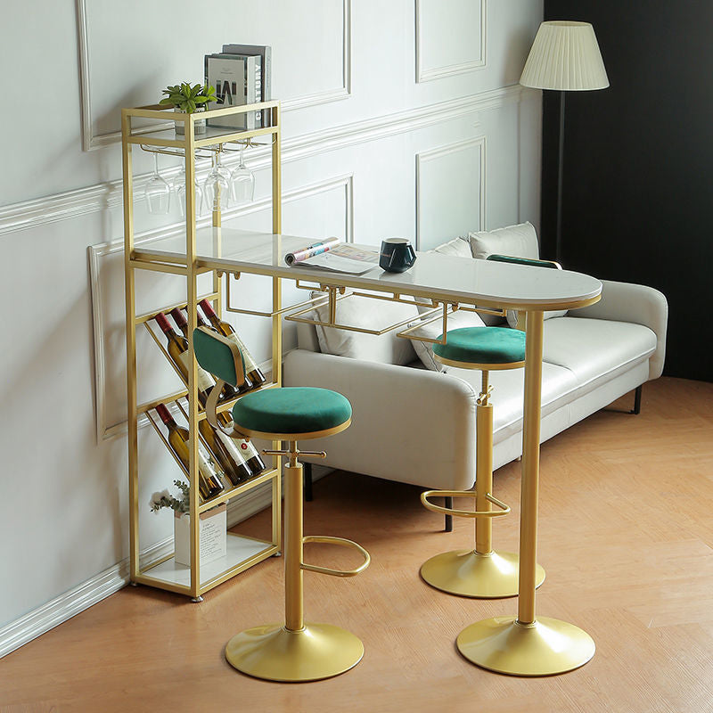 Specialty Marble Top Bar Table Glossy White Glam Pub Table with Wine Storage