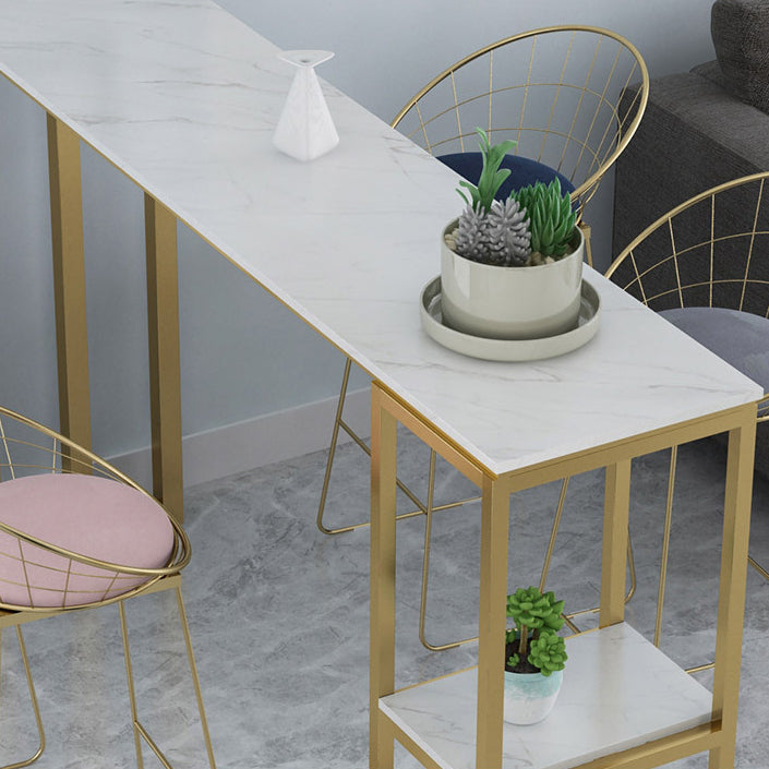 White Stone Top Pub Table with Storage Glam Bistro Table for Living Room