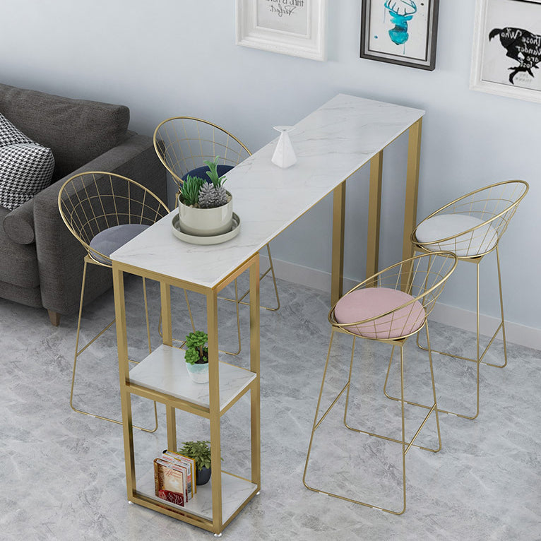 White Stone Top Pub Table with Storage Glam Bistro Table for Living Room