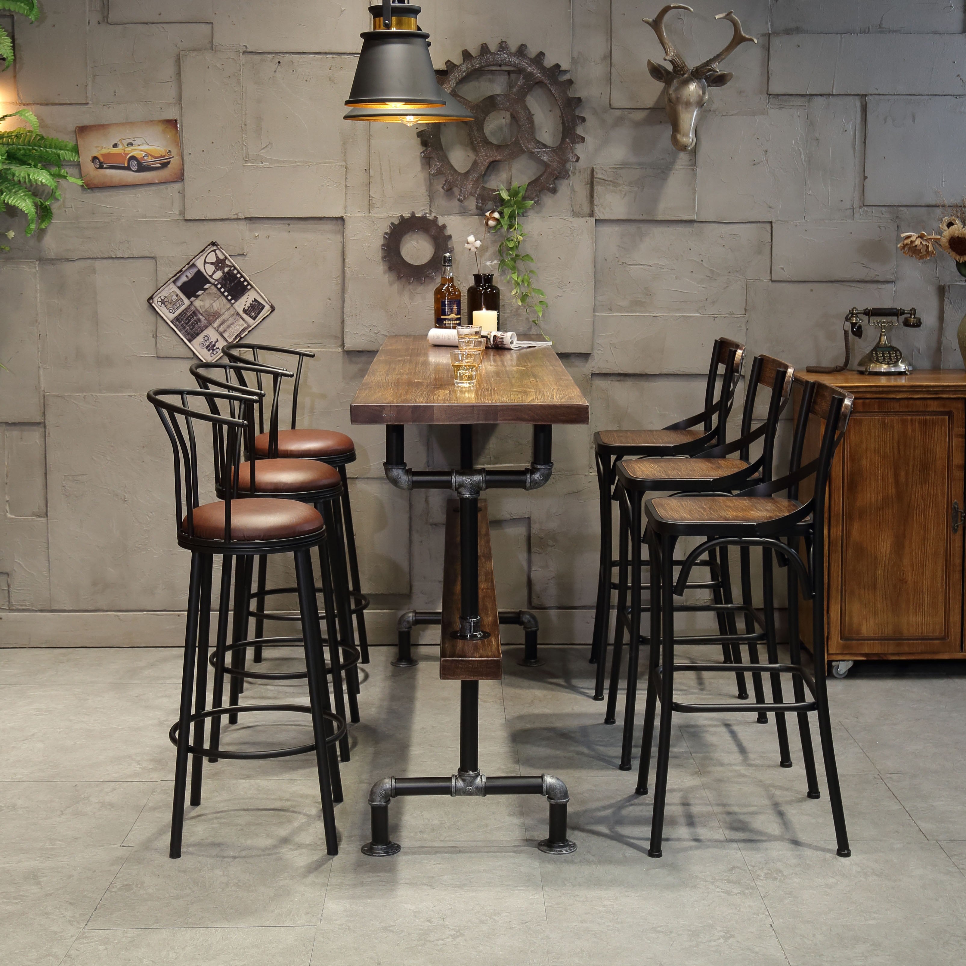 Rectangle Pine Wood Top Bar Table Industrial Bar Table with Trestle Base