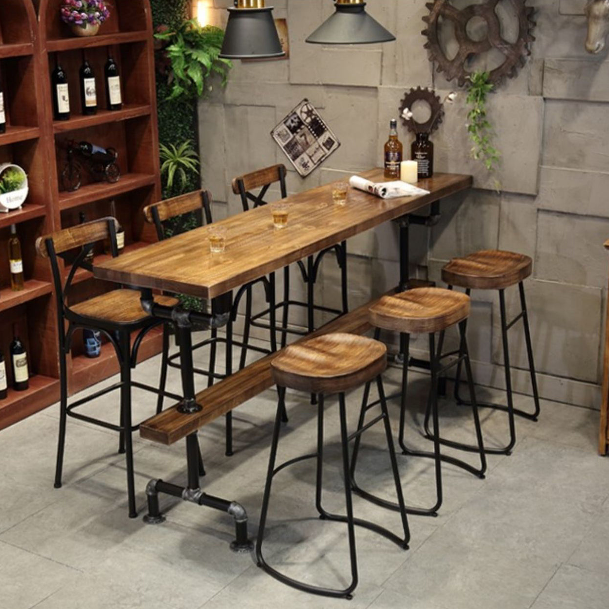 Rectangle Pine Wood Top Bar Table Industrial Bar Table with Trestle Base