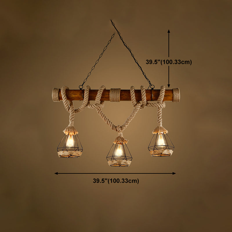 Retro Bamboo Island Light 3 Lights Island Pendant with Natural Rope for Restaurant