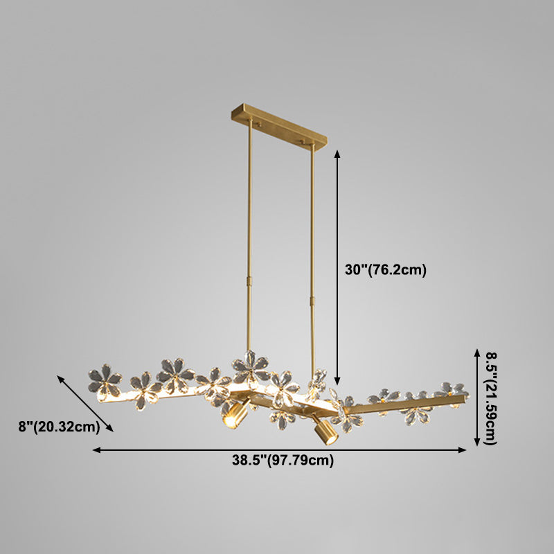 Floral Crystal Linear Island Light Postmodern Gold LED Pendant Light for Dining Room