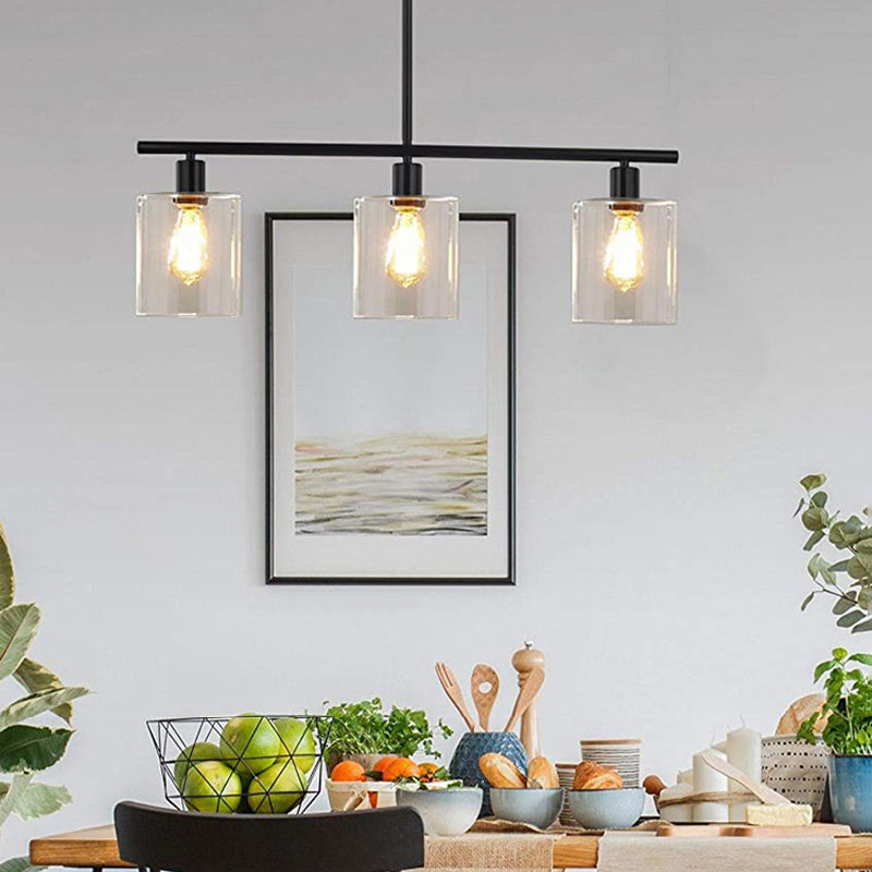 Cylindrical Glass Island Lamp Industrial 3 Lights Dining Room Hanging Lamp in Black