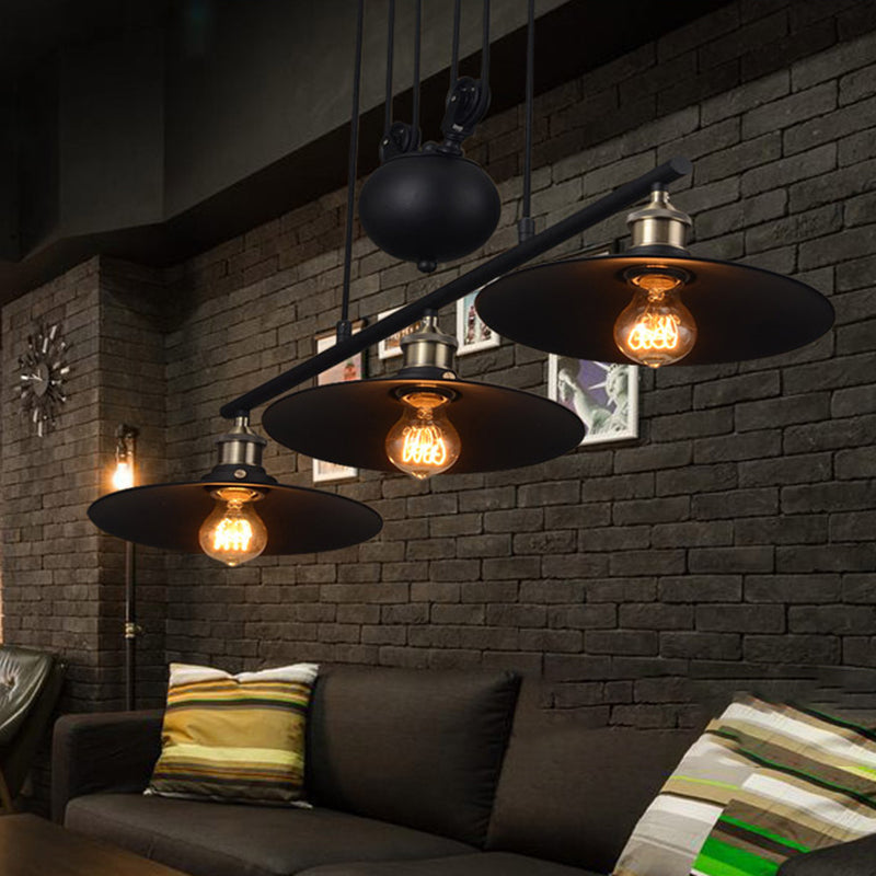 3 Lights Pulley Pendant Industrial Metal Black Hanging Island Light with Flared Shade