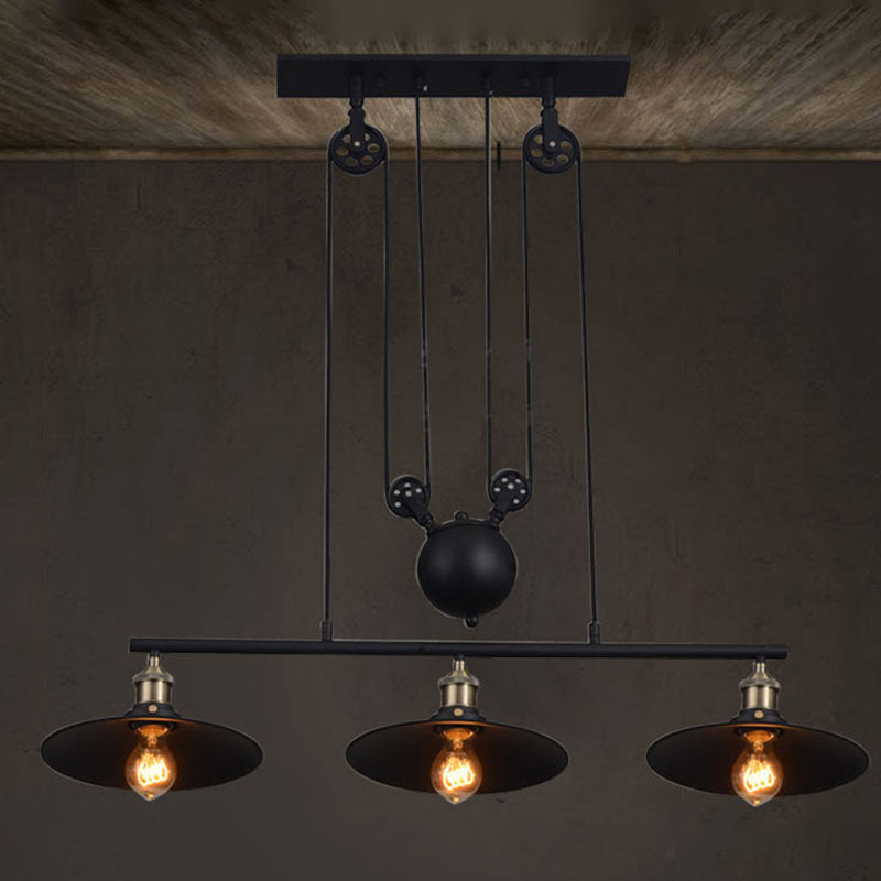 3 Lights Pulley Pendant Industrial Metal Black Hanging Island Light with Flared Shade