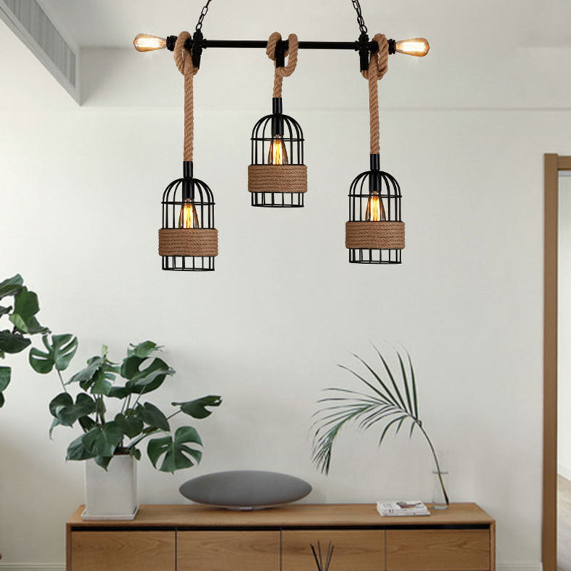 Hemp Rope Birdcage Pendant Lighting Rustic 5-Bulb Dining Room Island Light