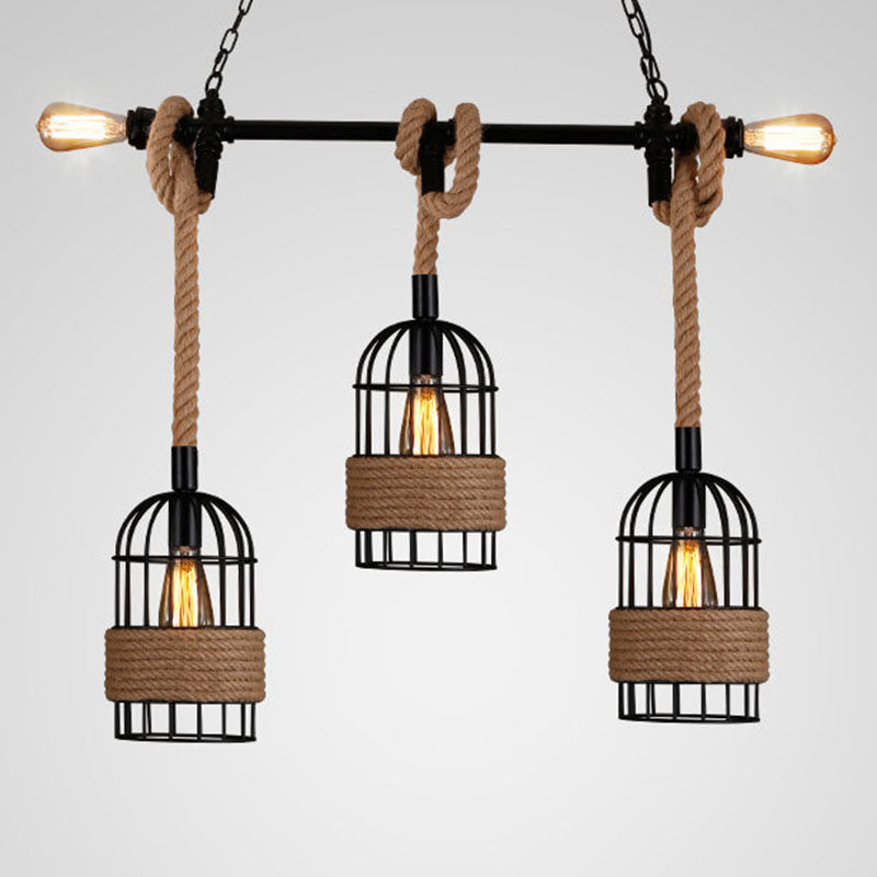 Hemp Rope Birdcage Pendant Lighting Rustic 5-Bulb Dining Room Island Light