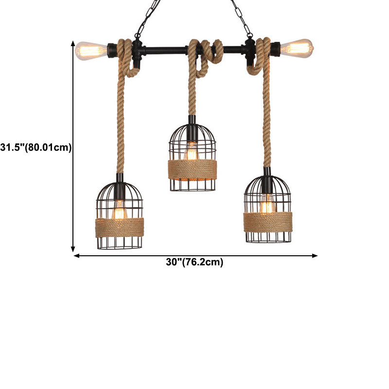 Hemp Rope Birdcage Pendant Lighting Rustic 5-Bulb Dining Room Island Light