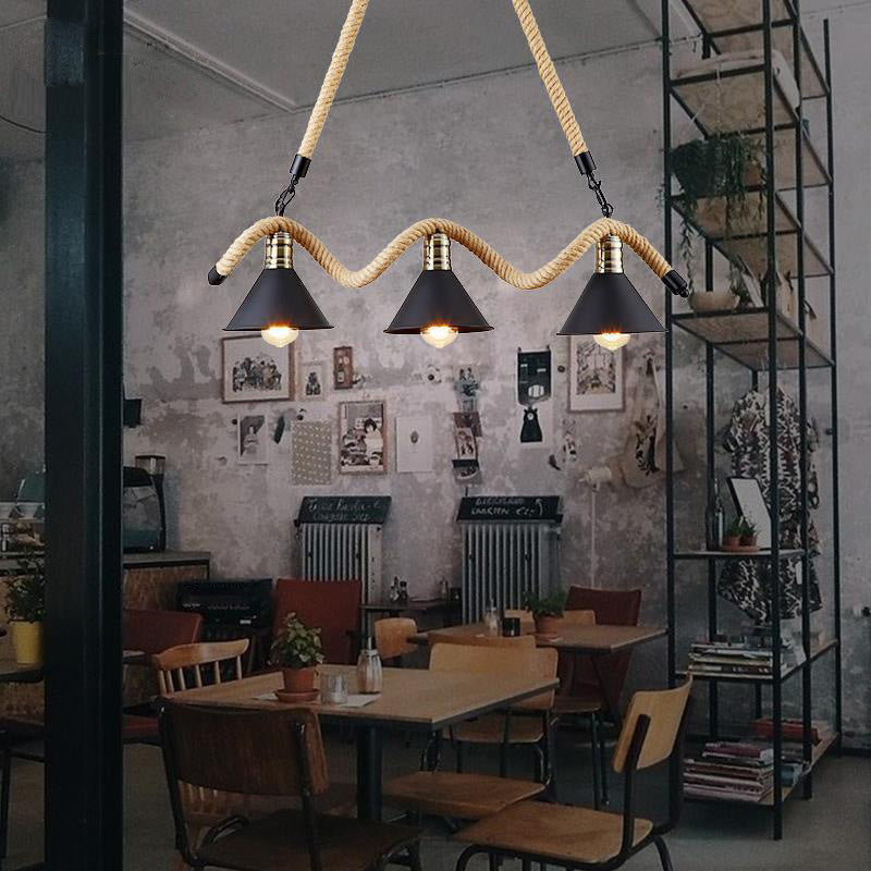 Black Conical Island Lighting Industrial Hemp Rope 3-Head Dining Room Pendant Lamp