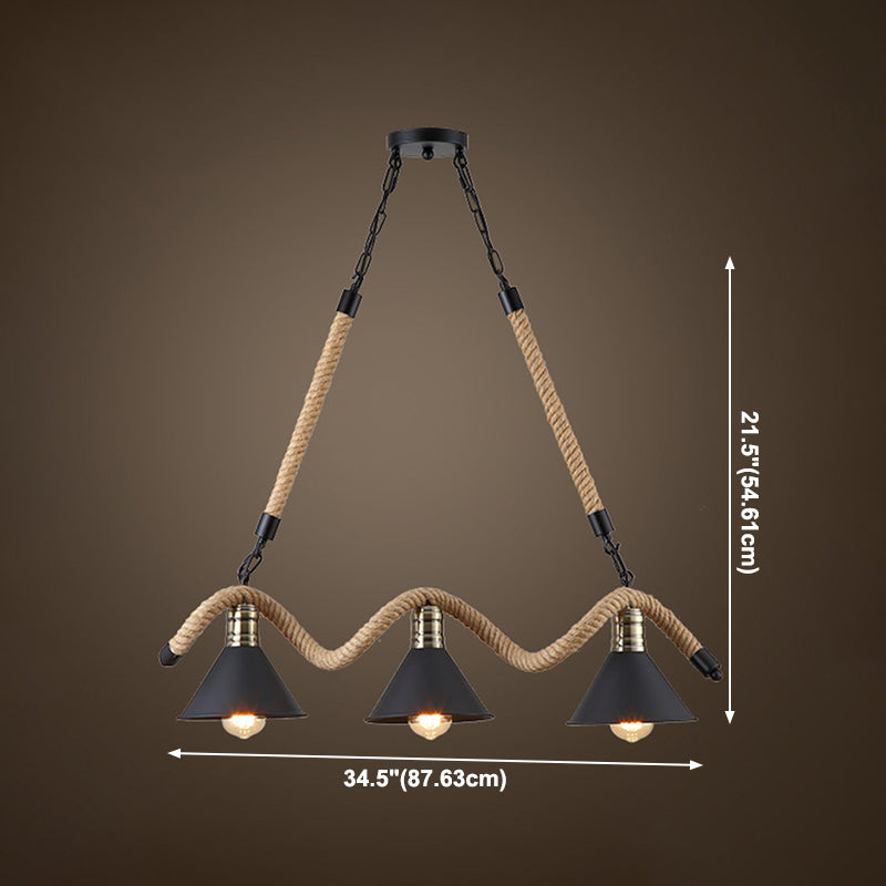 Black Conical Island Lighting Industrial Hemp Rope 3-Head Dining Room Pendant Lamp