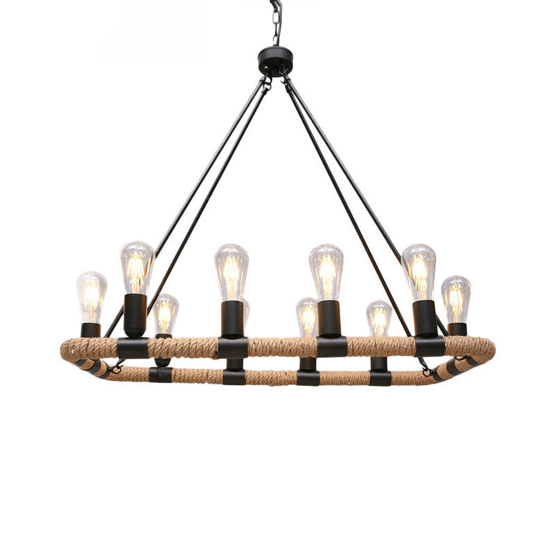 Rectangular Hemp Rope Island Lamp Industrial 10-Light Dining Room Suspension Light