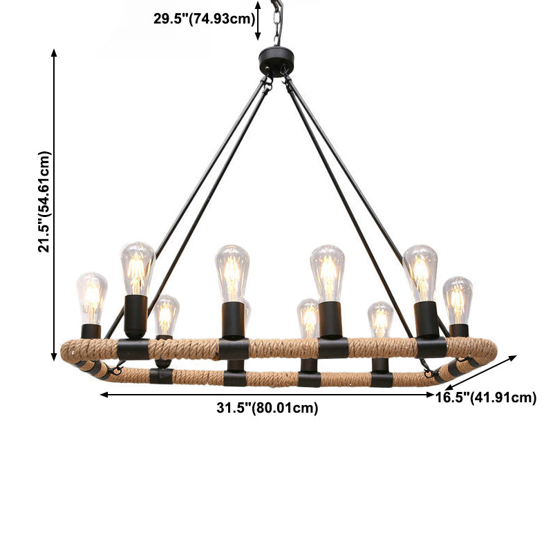 Rectangular Hemp Rope Island Lamp Industrial 10-Light Dining Room Suspension Light