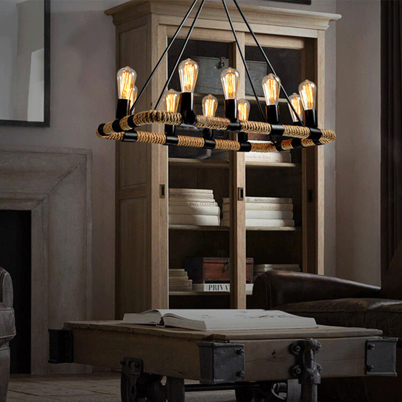 Rectangular Hemp Rope Island Lamp Industrial 10-Light Dining Room Suspension Light
