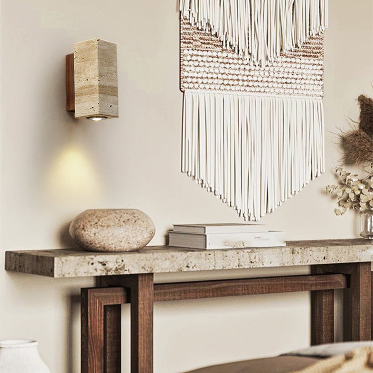 Japanese Style Stone Wall Light Cube Shape Wall Sconce with Wood for Bedroom
