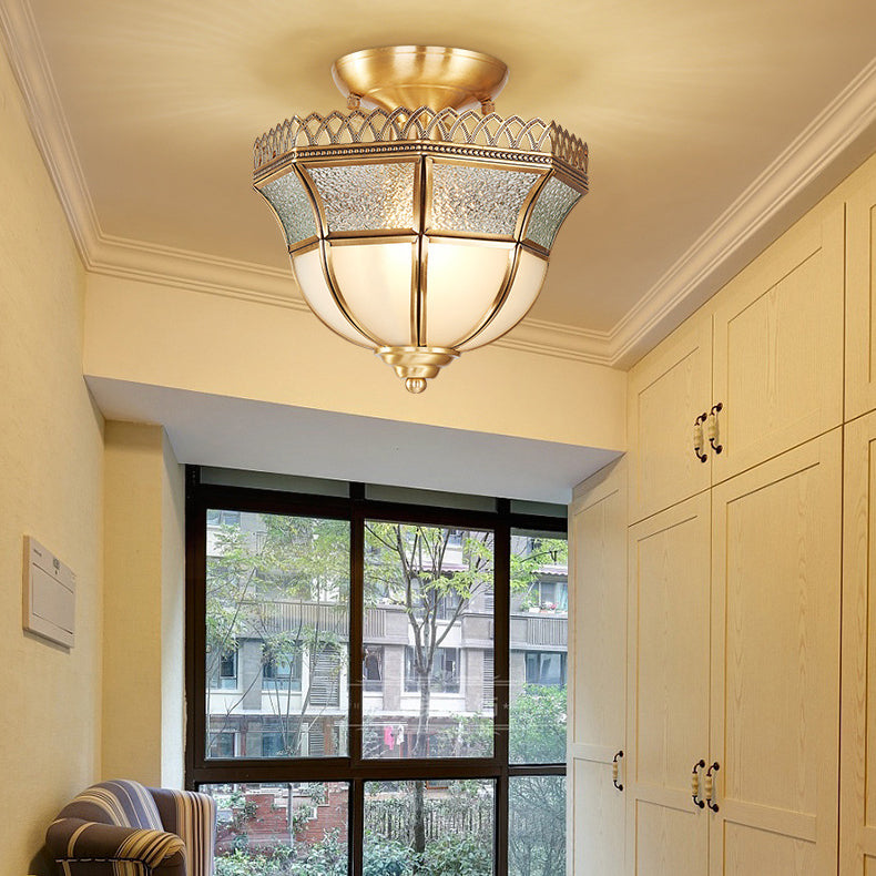 Schoolhouse Aisle Close to Ceiling Lighting Vintage Glass Brass Semi Flush Light